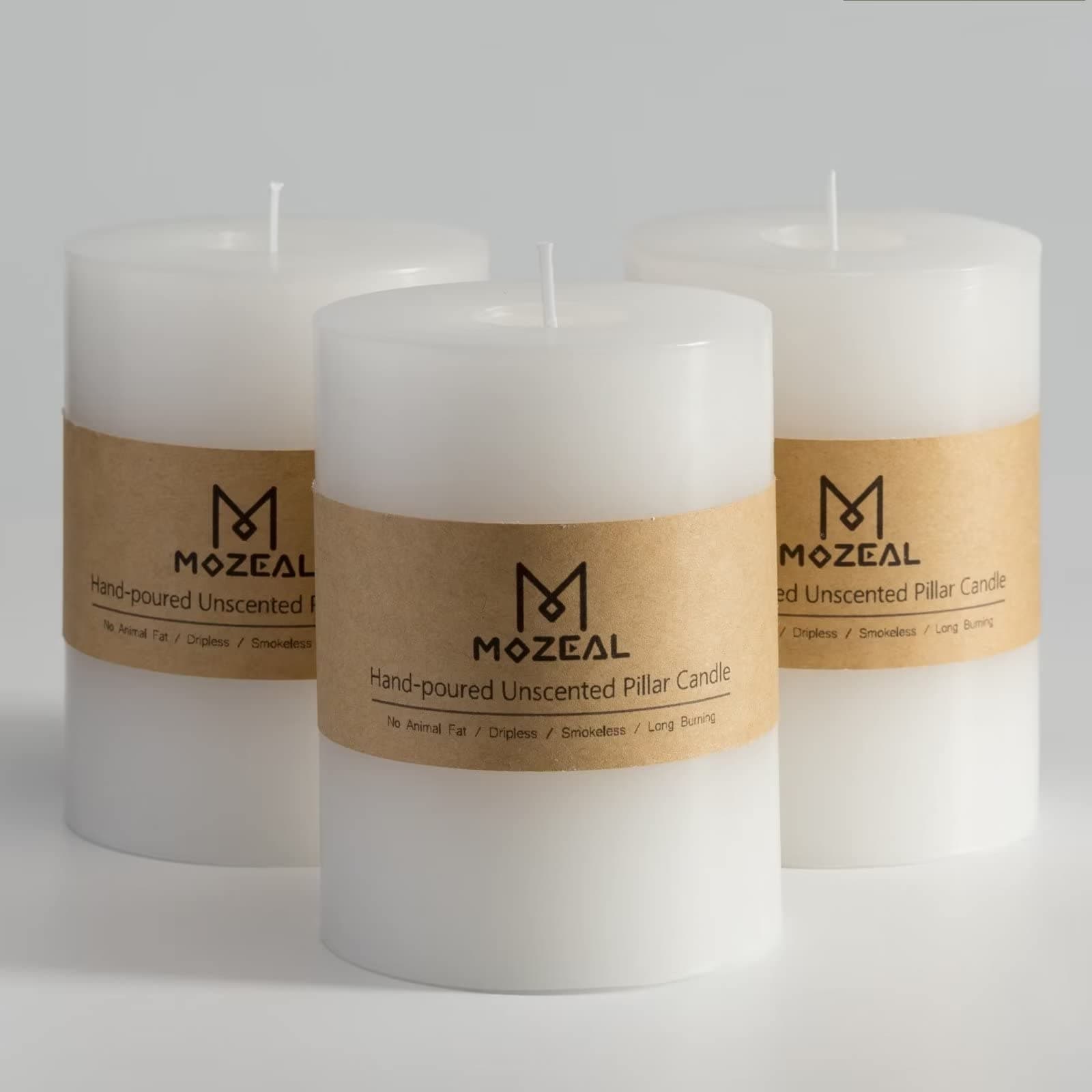 MOZEAL 3" x 4" Unscented Dripless Pillar Candle Set of 3, Long Burn Time, Rustic Style