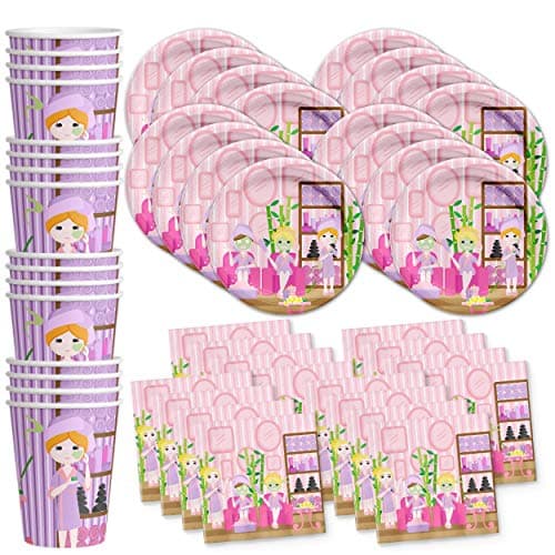 Girls Spa Sleepover Kit for 16 - Tableware Set Includes Plates, Napkins & Cups