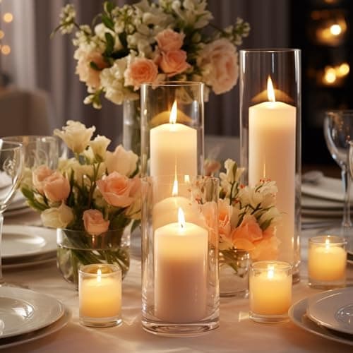 12 Pack White Pillar Candles in Glass Holders for Weddings and Decor by Sandraheer