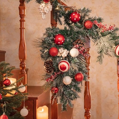 Red & White 24 Inch Pre-Lit Teardrop Swag for Mailbox Xmas Decor with 20 LED Lights