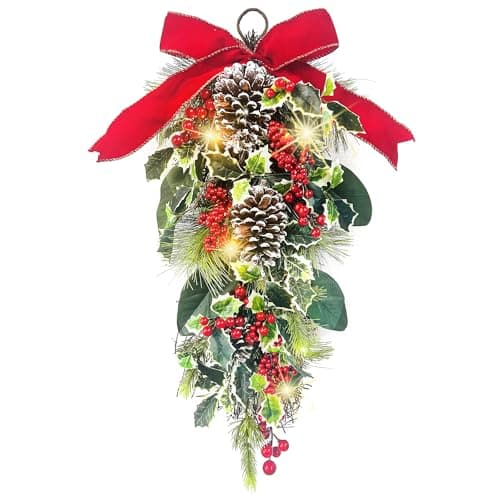 24” Pre-Lit Artificial Greenery Teardrop Swag for Xmas Decor