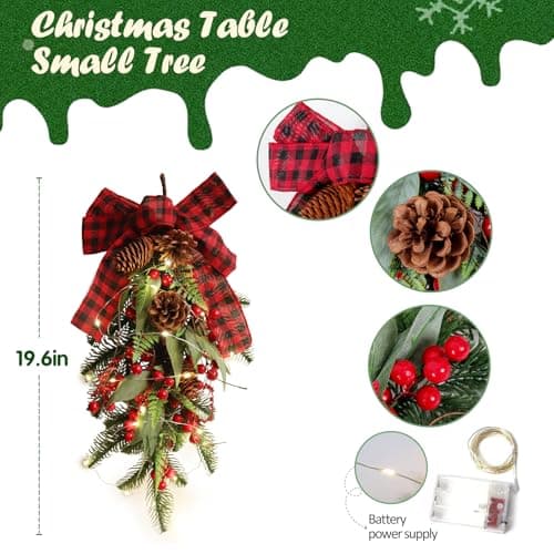 RECUTMS Christmas Teardrop Swag with Pine Leaves and Red Berries