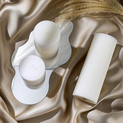 3-Pack Aesthetic Ribbed Soy Wax Candles, White, 3" to 8" High for Home Decor