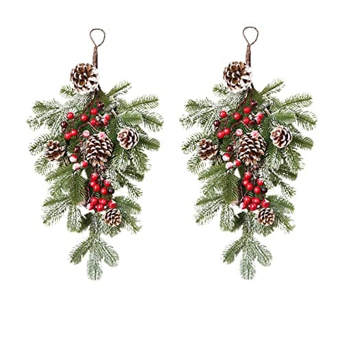 2Pcs Winter Christmas Teardrop Swag with Berries Pine Cones Home Decor