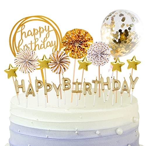 BEAN LIEVE Gold Birthday Candles Confetti Balloon Stars & Cupcake Toppers 12PCS Celebration Decor