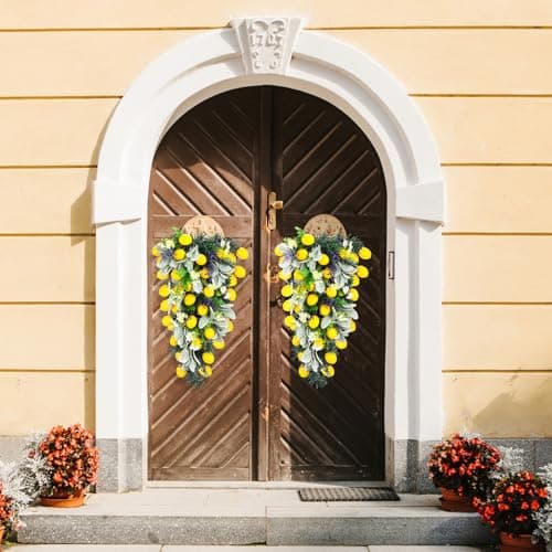 Zeyune 24 Inch Artificial Lemon Teardrop Wreath with Flowers for Front Door Decor