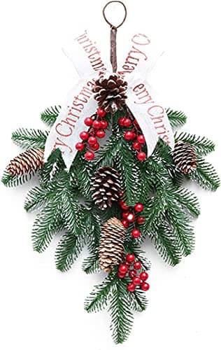 Pine Needle Door Wreath with Red Fruit, 22in Christmas Swag Decoration