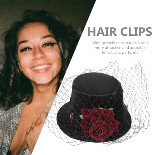 LEORX Black Veil Top Hat Hair Clip with Flower Decor for Masquerade and Halloween