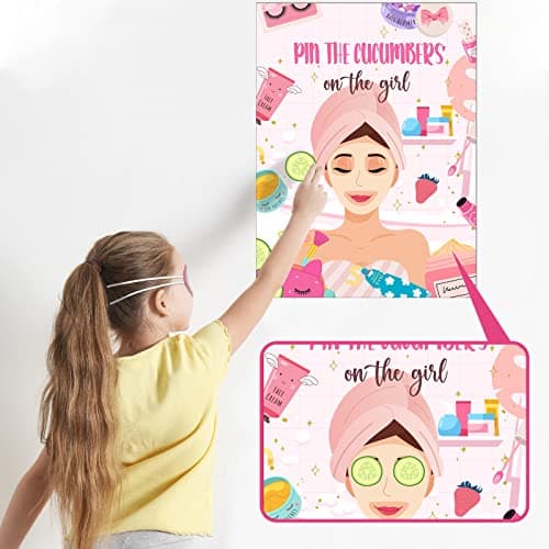 Spa Party Games: 38 Pieces Pin The Cucumbers on The Girl Spa Stickers Poster with Blindfolds for Kids, Women Spa Birthday Party Supplies