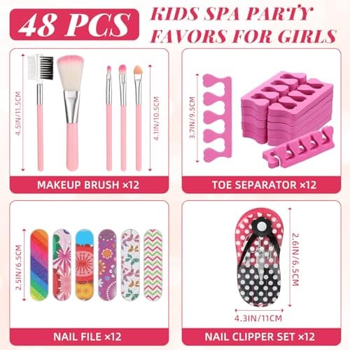 12-Piece Spa Sleepover Party Kit for Girls: Nail Clippers, Brushes, Toe Separators, Files & More for Fun Movie Night