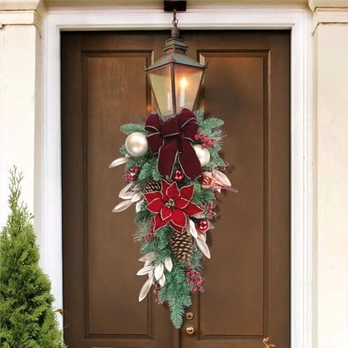 SHACOS 30" Christmas Teardrop Swag - Red Poinsettia & Accents