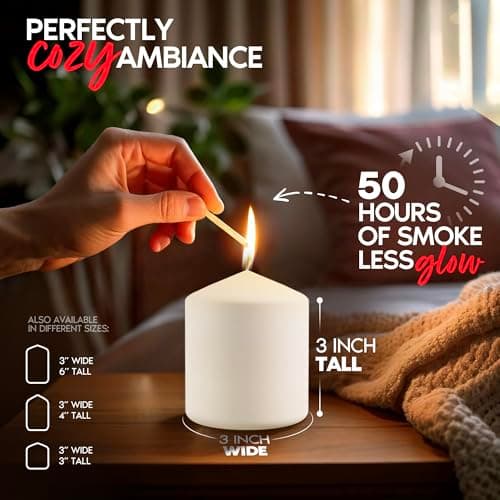 White Pillar Candles Pack of 12, 3x3 Inch, 50-Hour Burn – Dripless & Smokeless