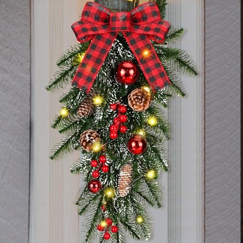Warm Lighted 3PC Christmas Teardrop Swag Wreath for Door and Indoor/Outdoor Home Decor