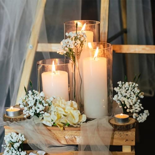 6-Pack Open-Ended Hurricane Candleholders with Pillar Candles & Bottomless Glass Shades in Clear Cylinder ChimneyTube