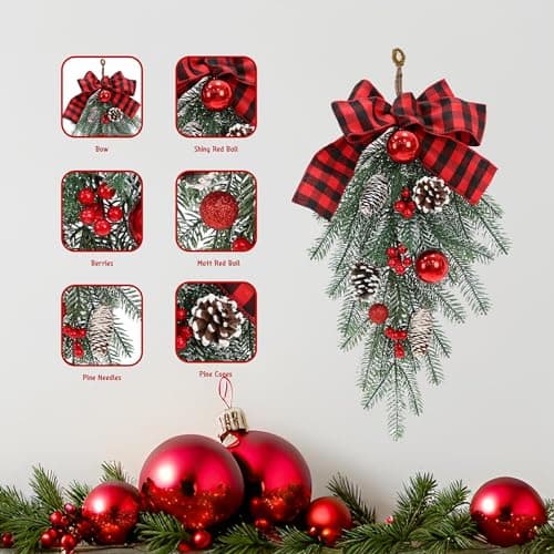 Red Bow Teardrop Ornament Winter Swag for Outdoor Front Door Decor