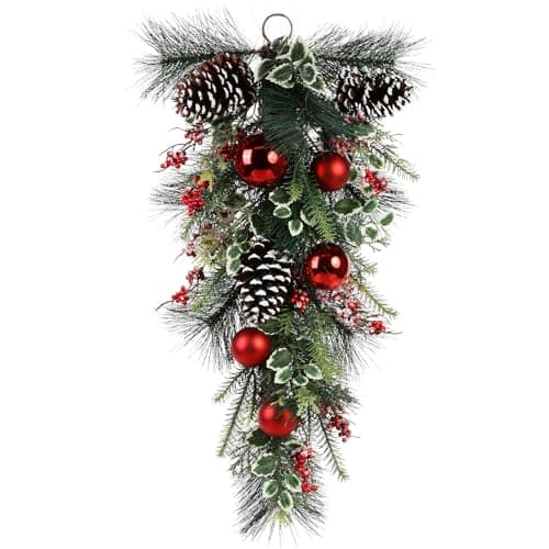 28'' Christmas Teardrop Swag with Pinecones & Red Berries for Home Decor