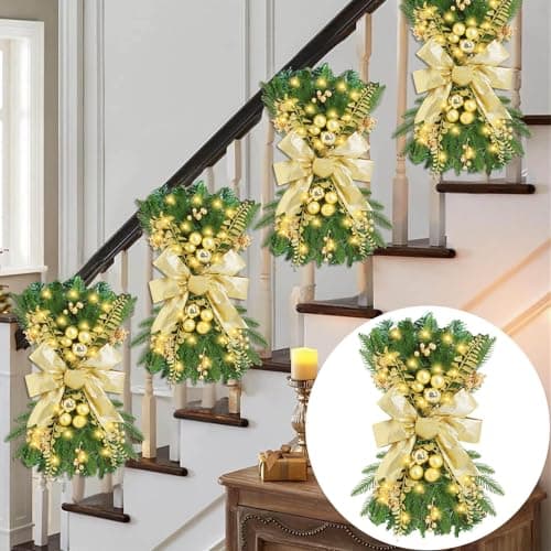 24" Prelit Artificial Christmas Teardrop Swag Hanging Wreath for Home Garden Decor