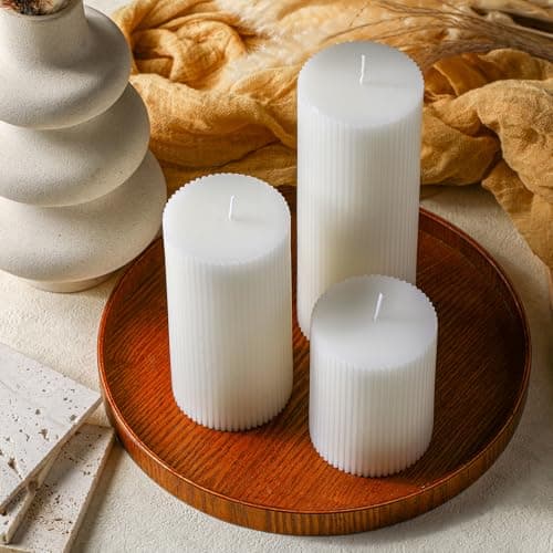 3-Pack Aesthetic Ribbed Soy Wax Candles, White, 3" to 8" High for Home Decor
