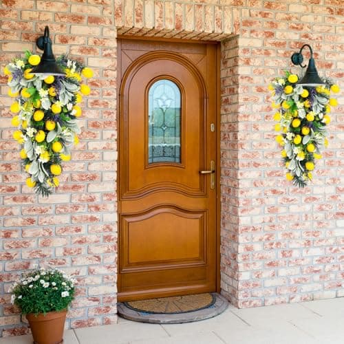 Zeyune 24 Inch Artificial Lemon Teardrop Wreath with Flowers for Front Door Decor