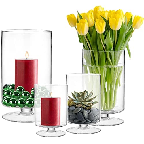 CYS EXCEL Glass Hurricane Pillar Candle Holders (2 PCS) | Short Stem Vases