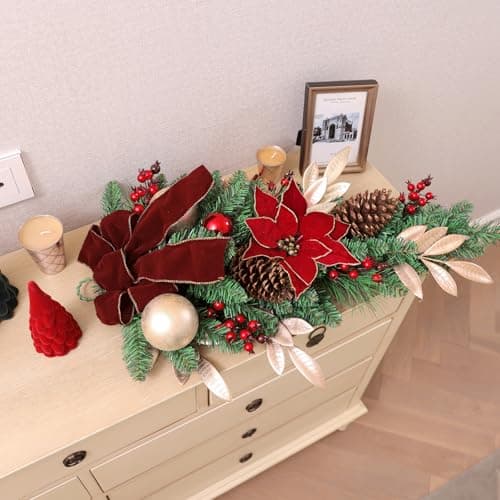 SHACOS 30" Christmas Teardrop Swag - Red Poinsettia & Accents