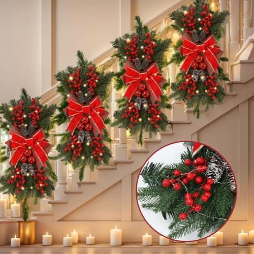 24" Prelit Artificial Christmas Teardrop Swag Hanging Wreath for Home Garden Decor
