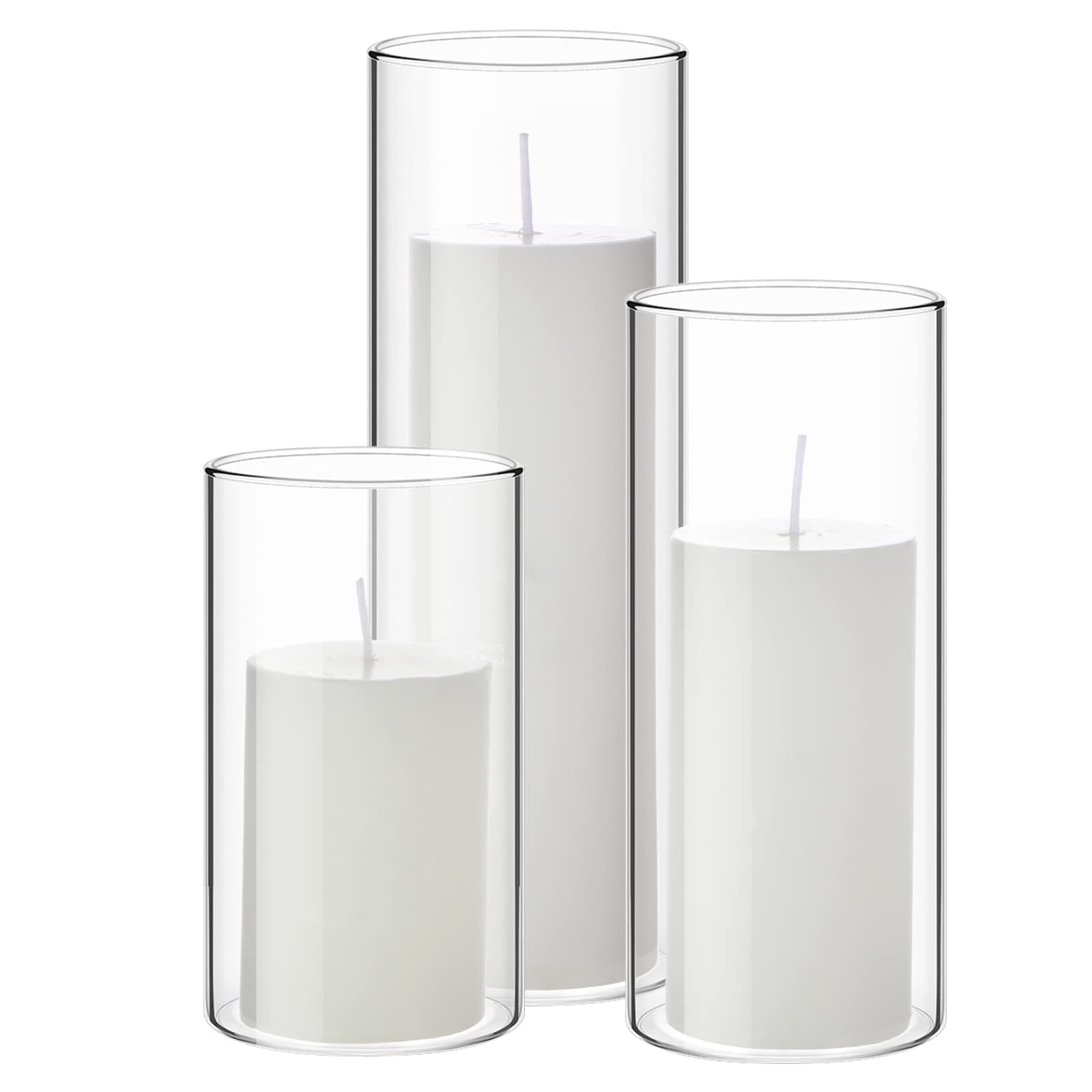 Shihanee Set of 3 White Pillar Candles with Glass Holders for Weddings and Holidays