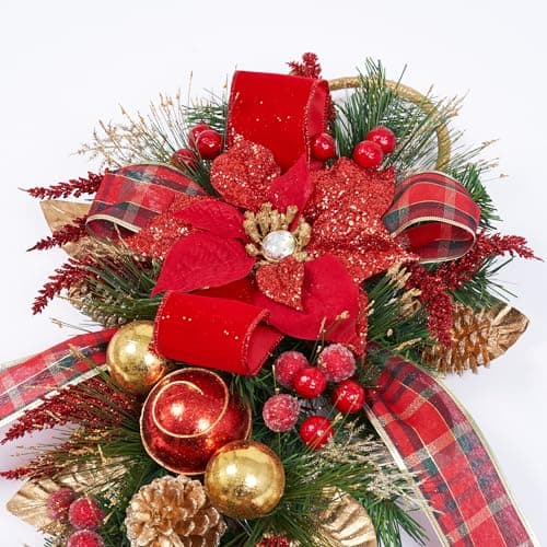 25" Handcrafted Red Poinsettia Swag with Glitter, Faux Florals & Plaid Ribbon