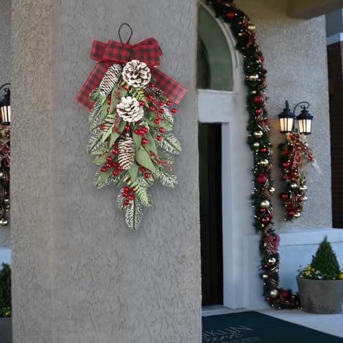 CISDUEO Red Berry & Pinecone Christmas Teardrop Swag for Front Door