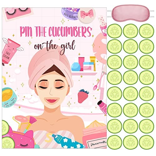 Spa Party Games: 38 Pieces Pin The Cucumbers on The Girl Spa Stickers Poster with Blindfolds for Kids, Women Spa Birthday Party Supplies
