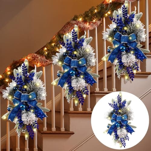 Hiboom 3 Pack 24 Inch Teardrop Prelit Christmas Swags with LED Lights