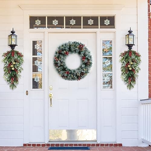 Glitzhome Teardrop Floral Winter Swag Wreaths, Artificial Hanging Decor