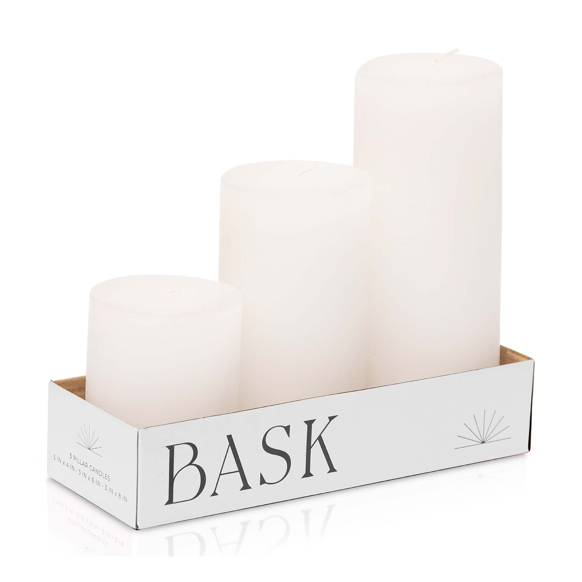 Unscented White Pillar Candles Set of 3 - Dripless, Smokeless by Bask