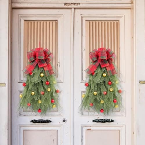 2Pcs Red Bow Christmas Teardrop Swag Garland, DIY Holiday Wall Decor