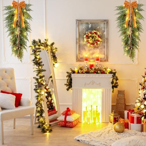 36 Christmas Pine Teardrop Swag with Lights, Bells, and Faux Pine Cones - Rustic Home Decor (2 Pack)