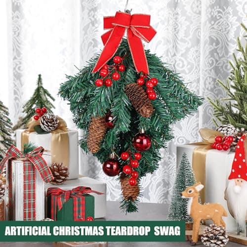 Hiboom 4 Pcs Christmas Teardrop Swag Ornament with Red Bowindoors & outdoors