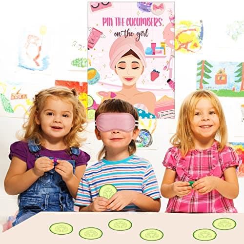 Spa Party Games: 38 Pieces Pin The Cucumbers on The Girl Spa Stickers Poster with Blindfolds for Kids, Women Spa Birthday Party Supplies