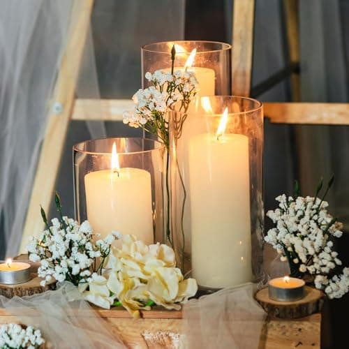 Elegant 3-Tier Ivory Pillar Candles with Bamboo Covers for Table Centerpieces