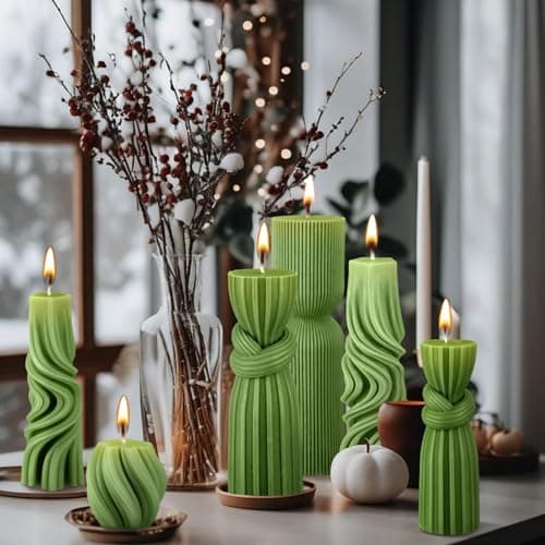 Modern Aesthetic Ribbed Soy Wax Pillar Candles Set (Green, 2.36-6.89 Inch)