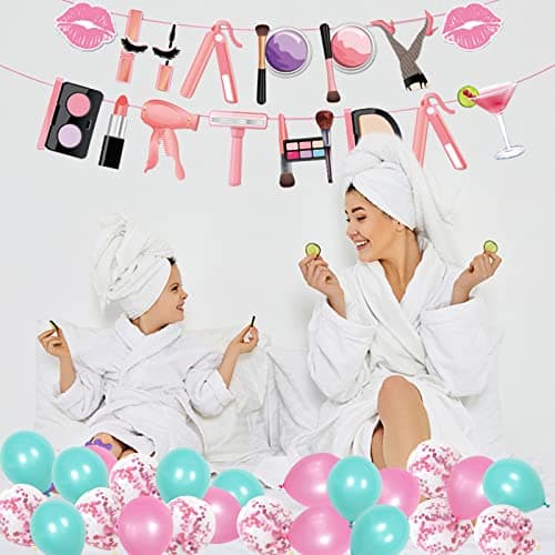 Spa Birthday Party Supplies for Girls: Cake Toppers, Balloons, Backdrop, Tablecloth, Banner