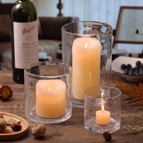 Hurricane Candle Holder Set of 3 Clear Seeded Bubbles Glass for Table Centerpiece