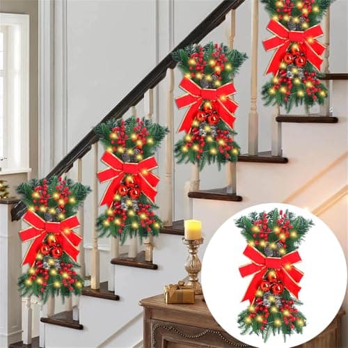 24" Prelit Artificial Christmas Teardrop Swag Hanging Wreath for Home Garden Decor