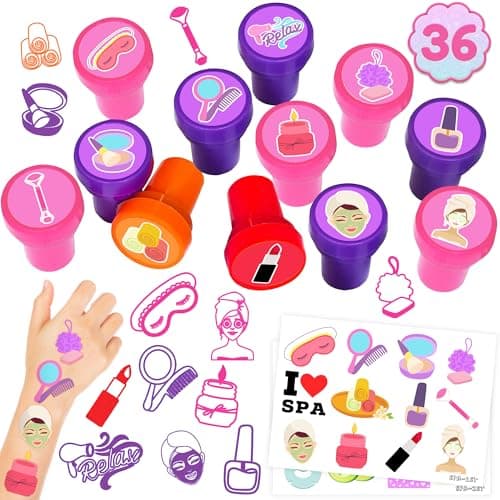 36PCS Spa Party Favors: 24 Temporary Tattoos + 12 Stamps for Makeup Sleepovers & Birthday Decorations