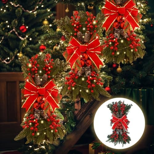24" Prelit Artificial Christmas Teardrop Swag Hanging Wreath for Home Garden Decor