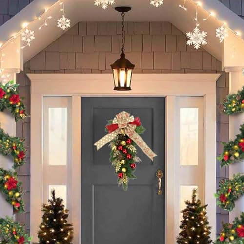 Red & Gold LED Christmas Wreath & Garland Teardrop Swag Outdoor Decor