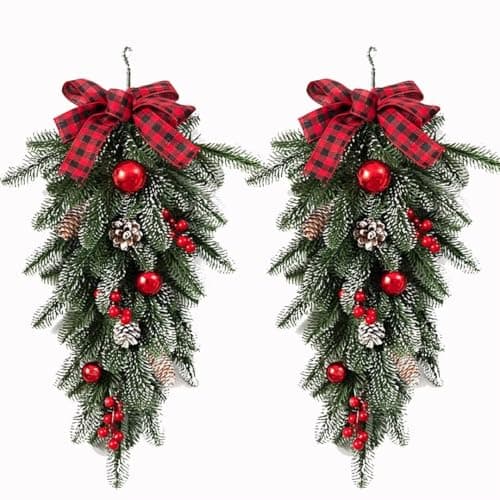 2Pcs Red Bow Christmas Teardrop Swag Garland, DIY Holiday Wall Decor
