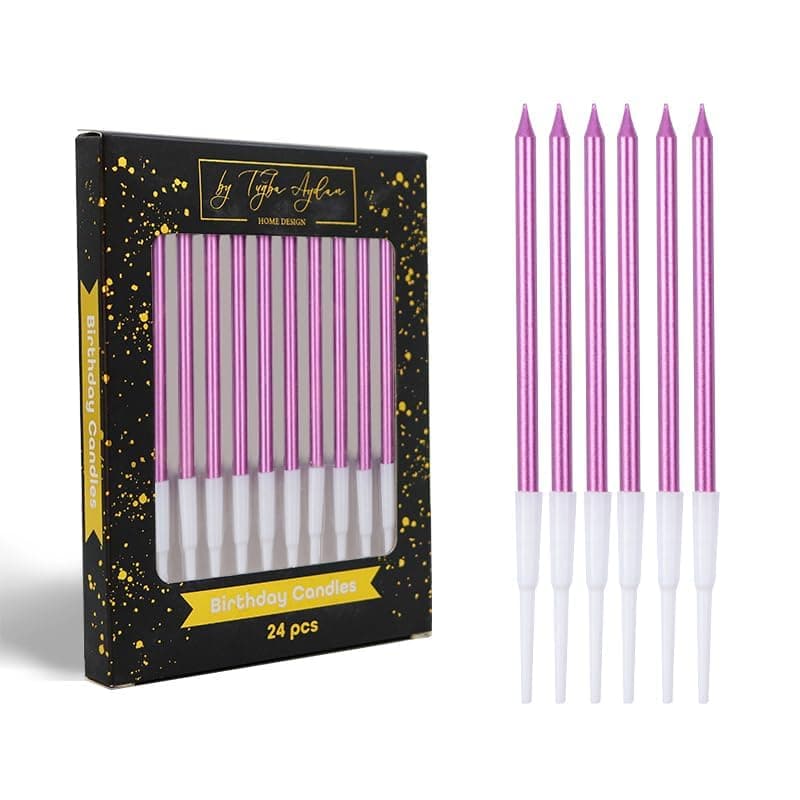 Birthday Candles - 24 Count Long Thin Rainbow Candles for Cake, Metallic Cake Candle for Birthday, Party