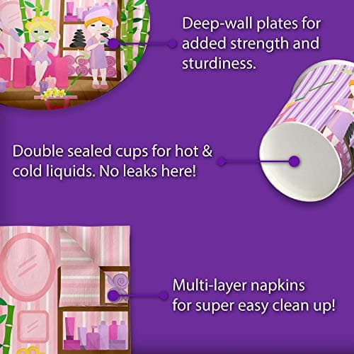 Girls Spa Sleepover Kit for 16 - Tableware Set Includes Plates, Napkins & Cups