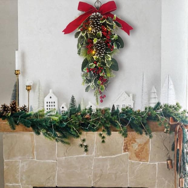 24” Pre-Lit Artificial Greenery Teardrop Swag for Xmas Decor