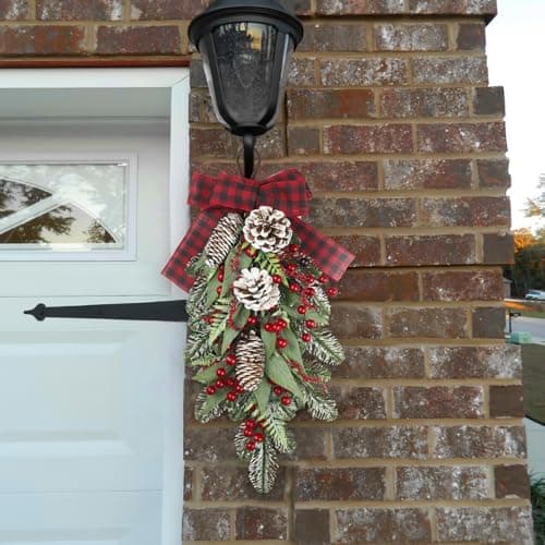 CISDUEO Red Berry & Pinecone Christmas Teardrop Swag for Front Door